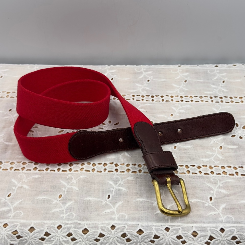 Vintage Belt Red Stretch Canvas Leather Brass Buckle 30-32 Preppy Equestrian